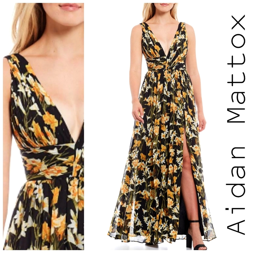 Nwot Aidan Mattox Black/Yellow Floral Shirred V Bodice Front Slit Maxidr…
